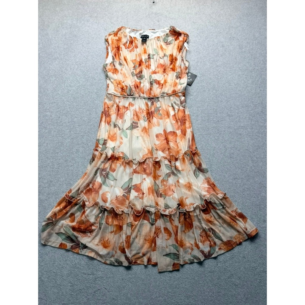 Kate and‎ Lily Orange Floral Mesh Tiered Midi Dress Sleeveless Size 10